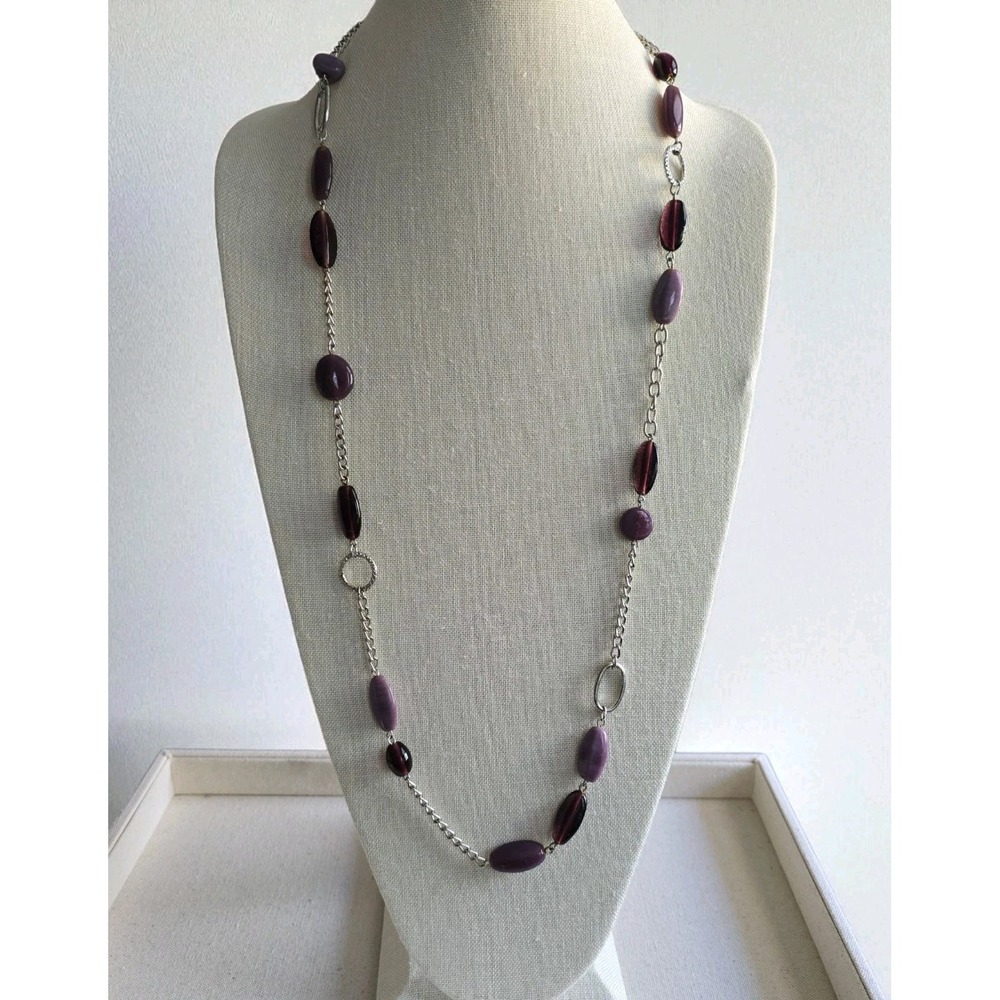 Purple Glass Bead Necklace Long Silver Tone Chain Mixed Oval Beads Statement